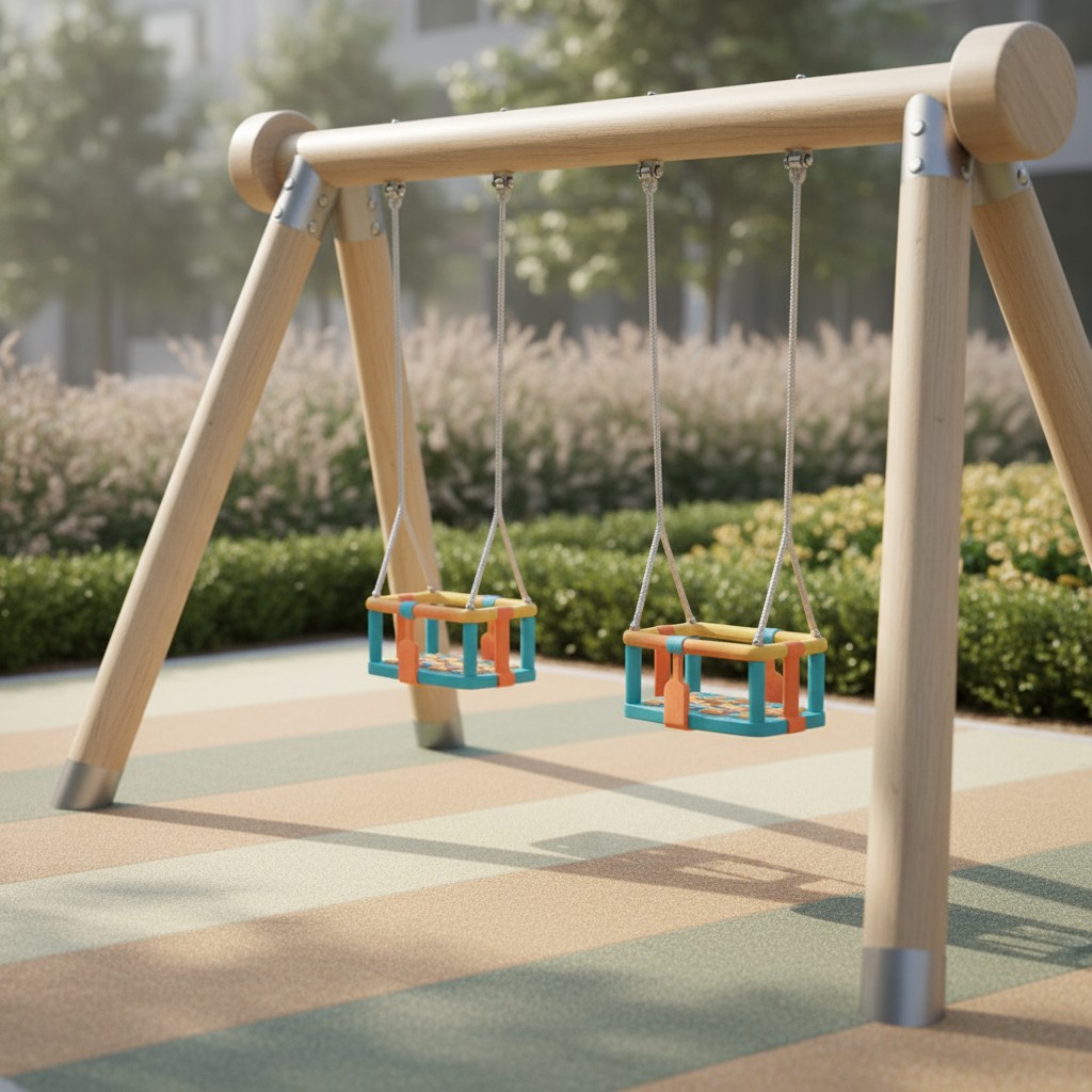 A park swing set featuring two swings on chains from a wooden frame with A-frame legs. One is orange, while the other is b...